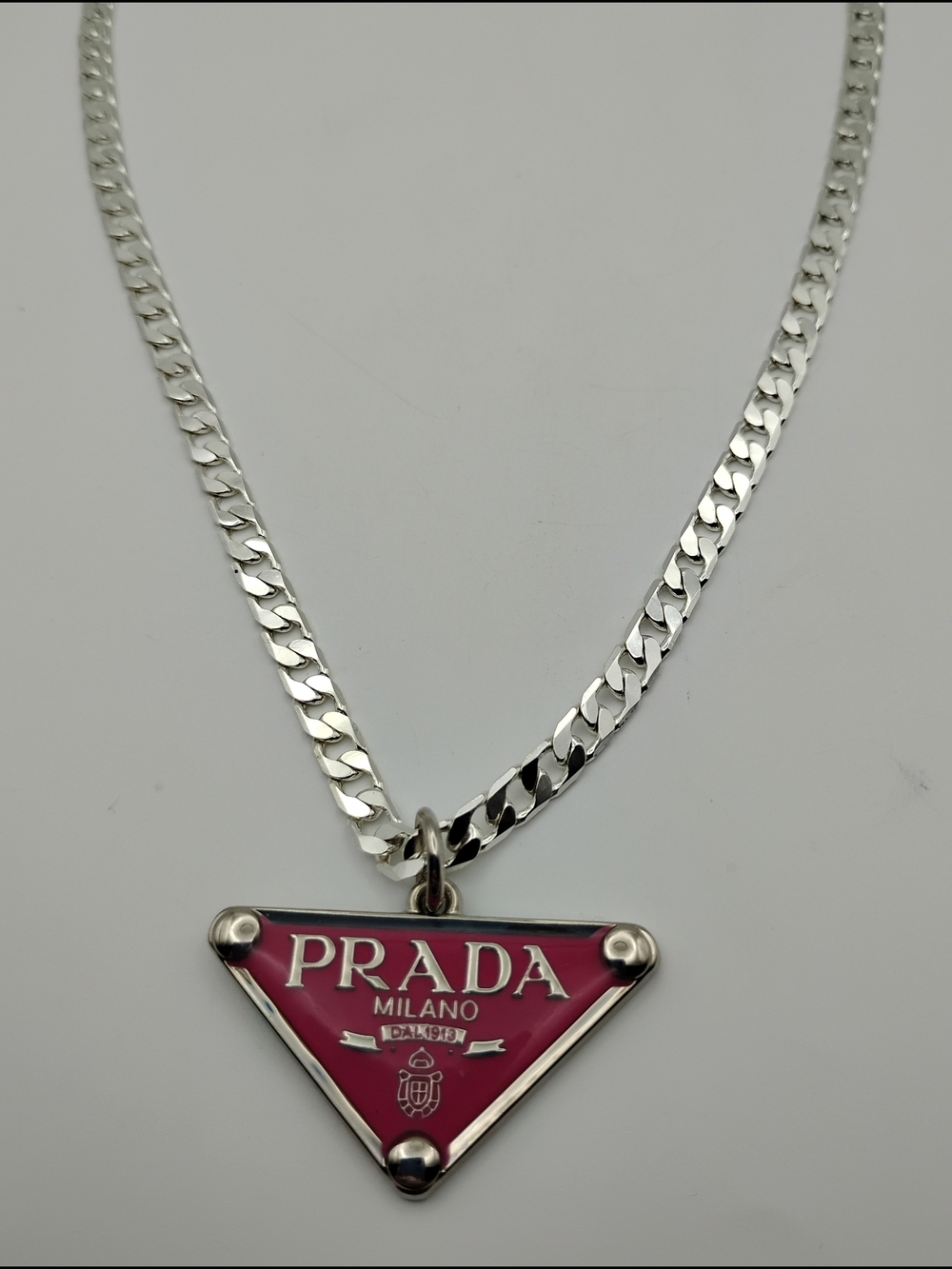 PRADA Milano Fuscia Triangle Logo Pendant On A 925 Sterling Silver Necklace - Picture 3 of 14